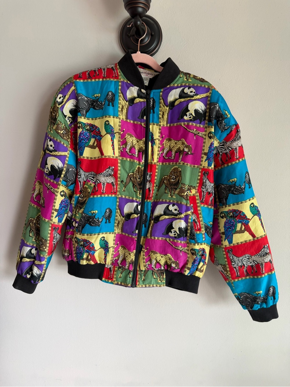 Marguerite Lee Vintage Silk Bomber Jacket Animal Safari Print Multi-Color Small